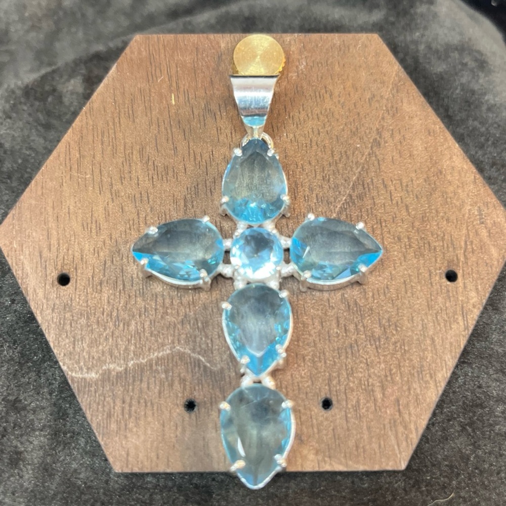 Gorgeous Blue Topaz Cross Pendant In 925 Sterling Silver 2.6”